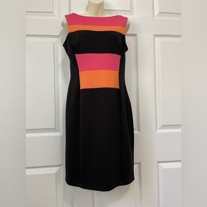 Maggy London Colorblock Sheath Dress Size 10Pink Black Orange Stretch Zip Lined